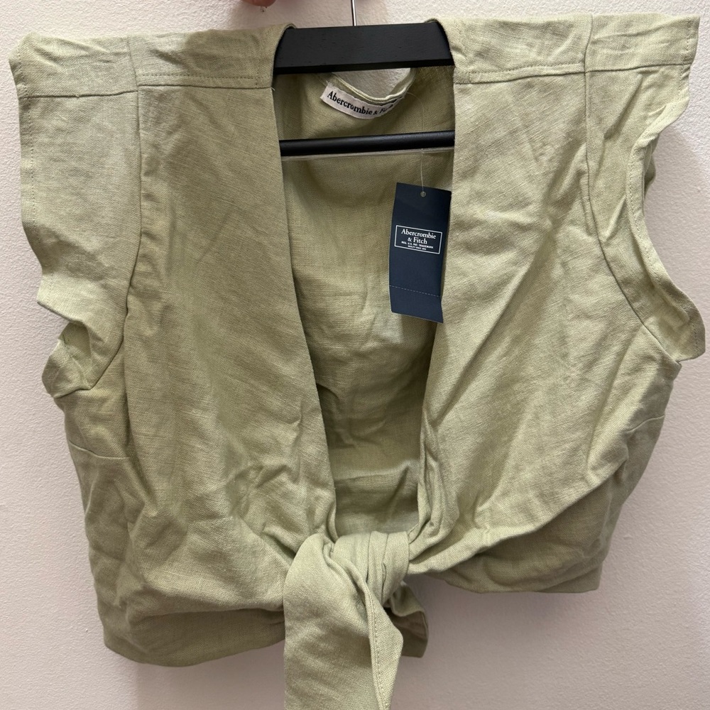 NWT Abercrombie & Fitch linen crop front tie khaki tan blouse top sz
